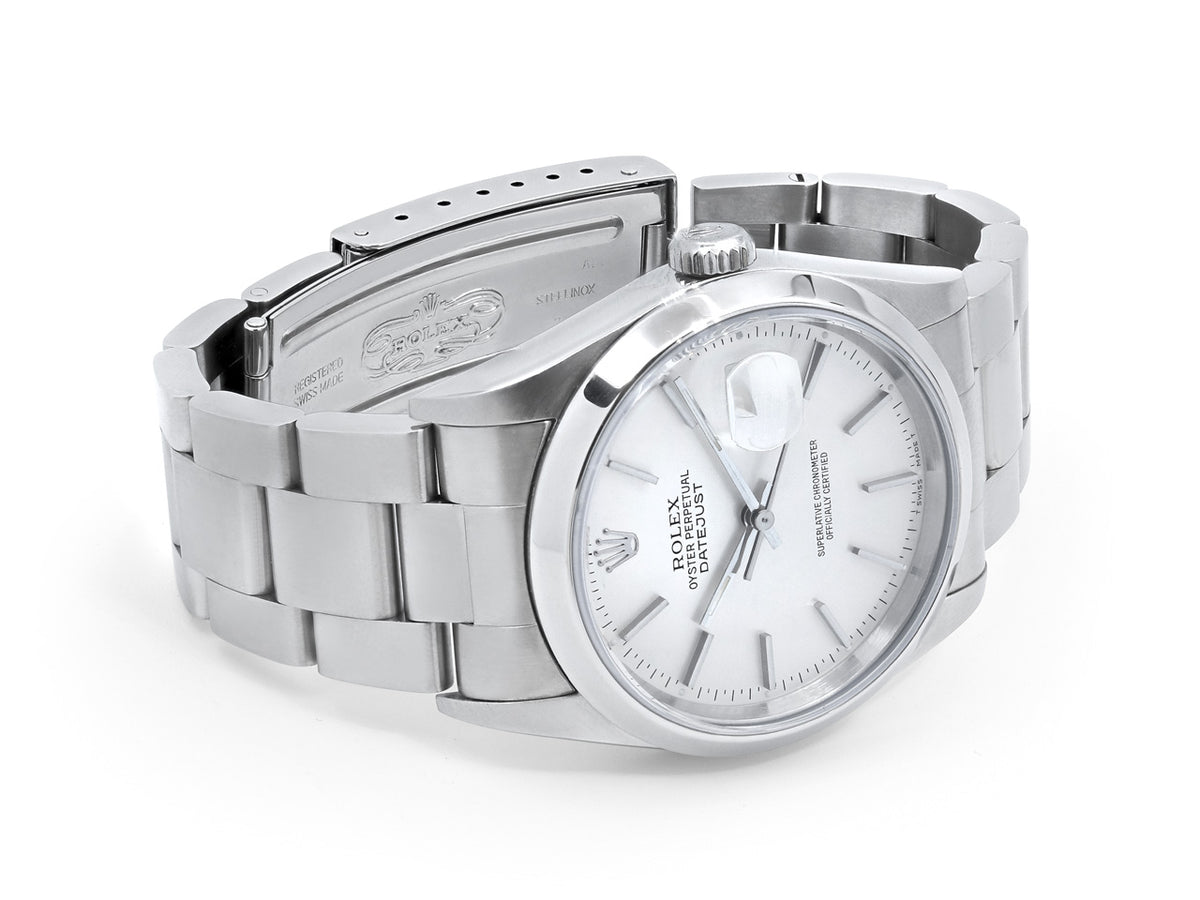 Stainless steel Rolex Datejust watch with silver dial