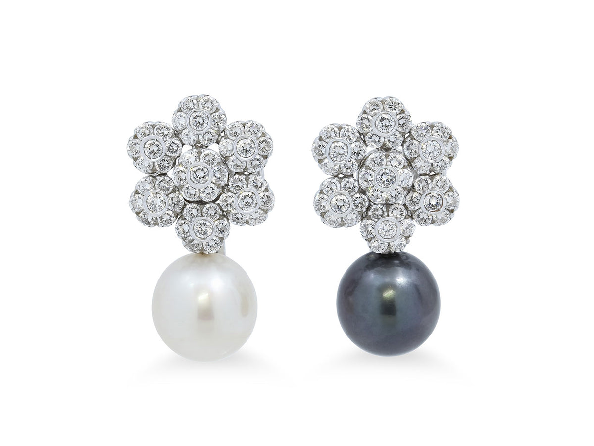 Diamond flower earrings with South Sea and Tahitian pearls