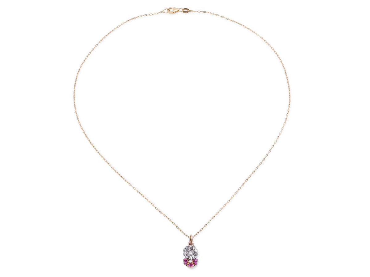 Gold chain necklace with ruby and diamond pendant