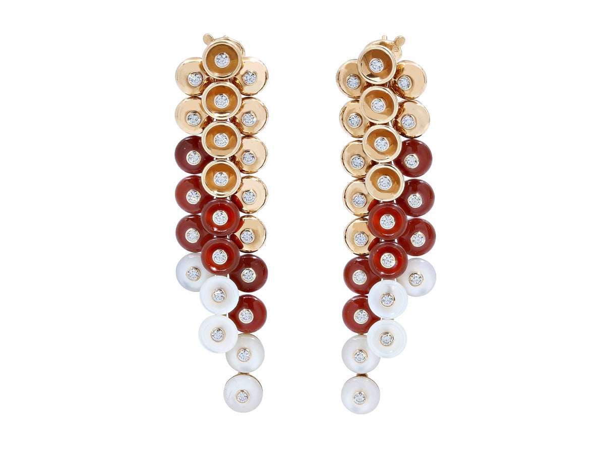 Carnelian mother of pearl and diamond drop earrings in rose gold