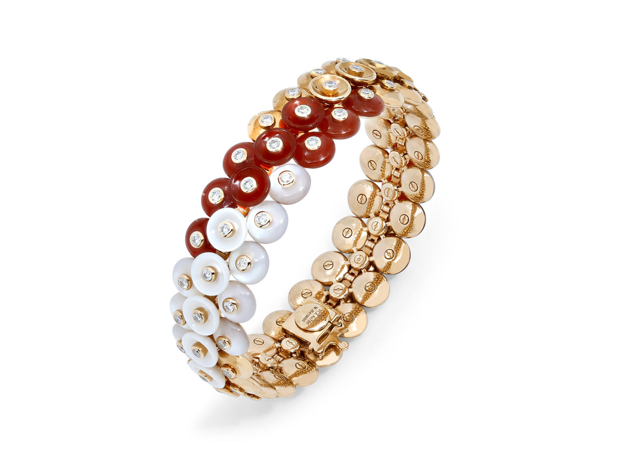 Three row carnelian mother of pearl and diamond bracelet