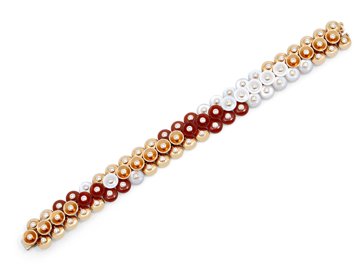 Three row carnelian mother of pearl diamond bracelet