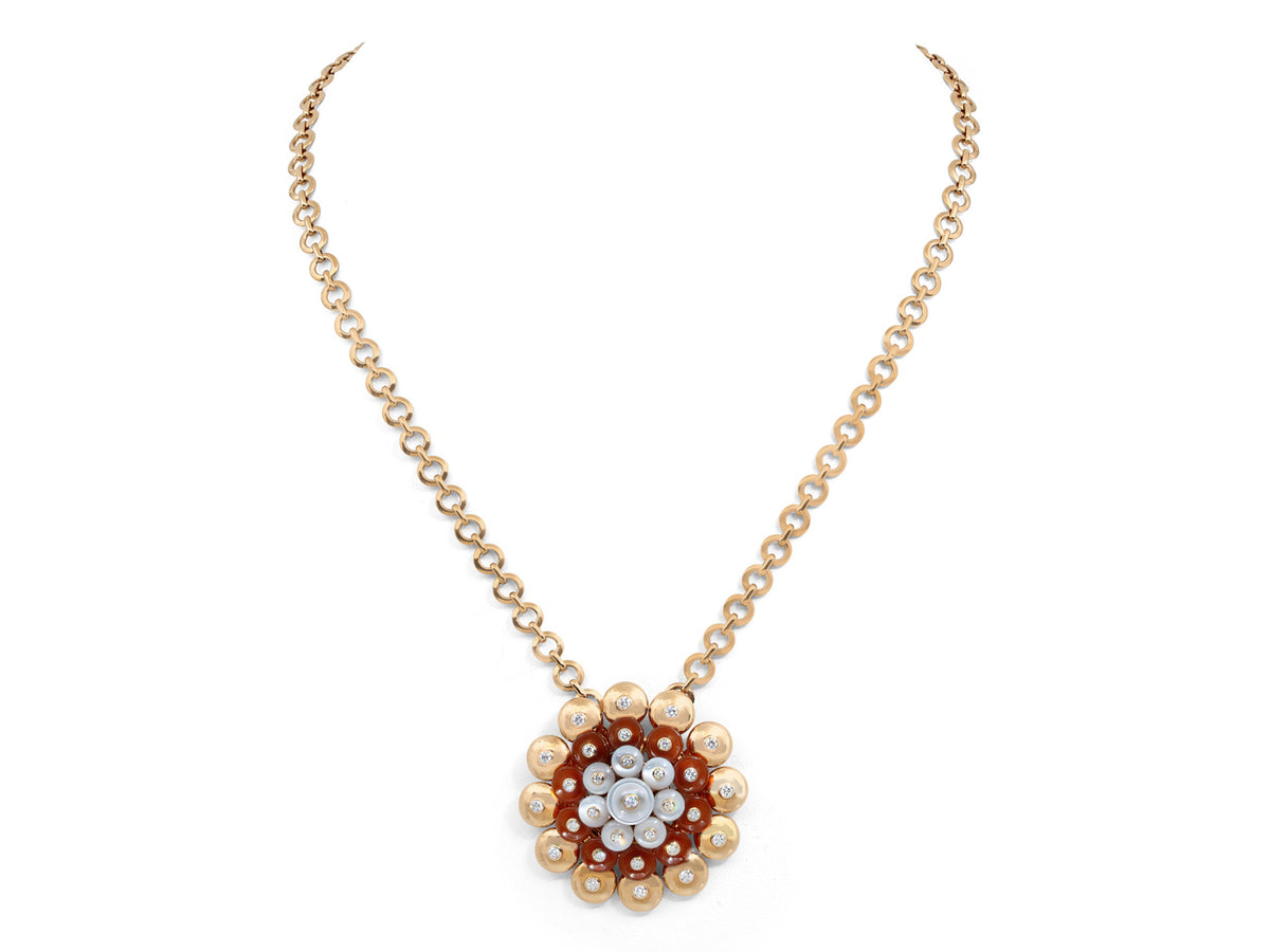 Carnelian and mother of pearl pendant necklace in rose gold
