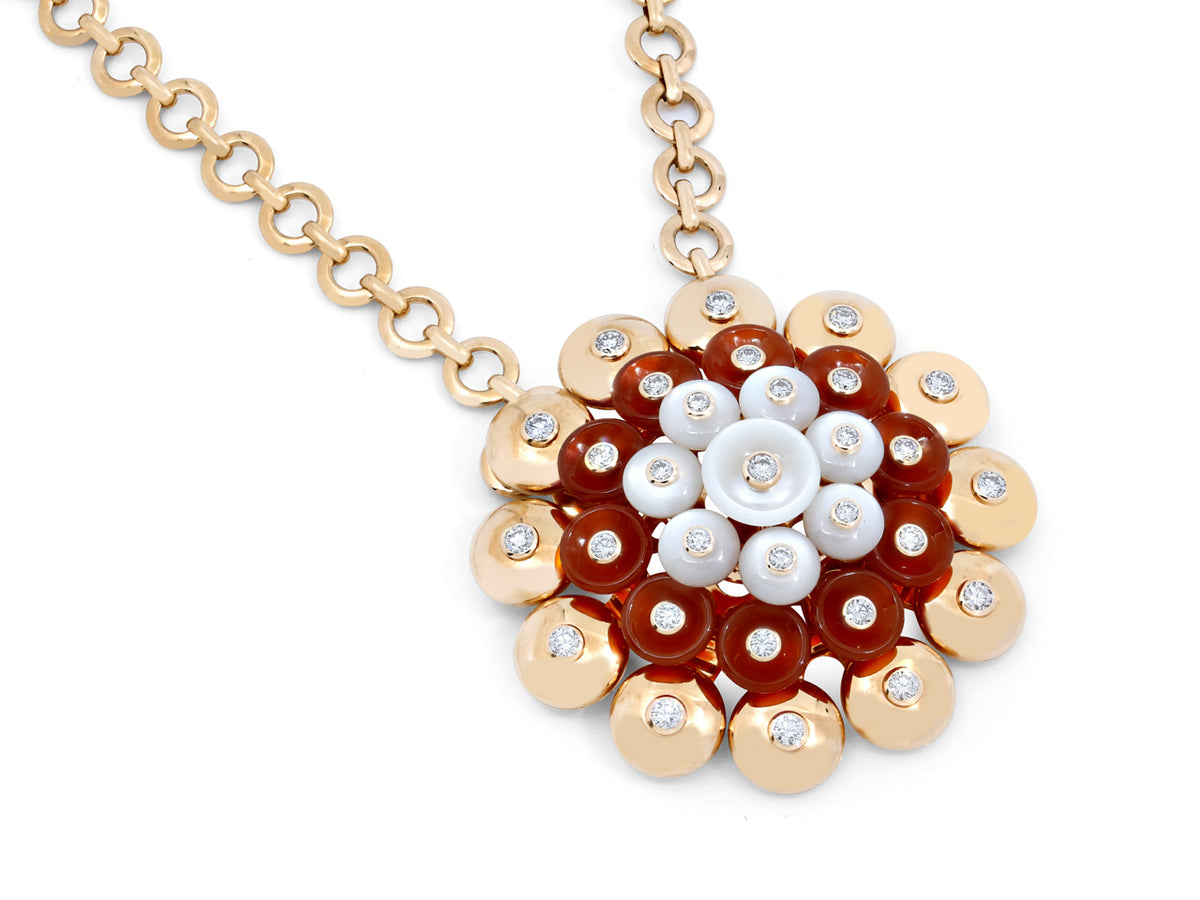 Carnelian mother of pearl and diamond pendant in rose gold