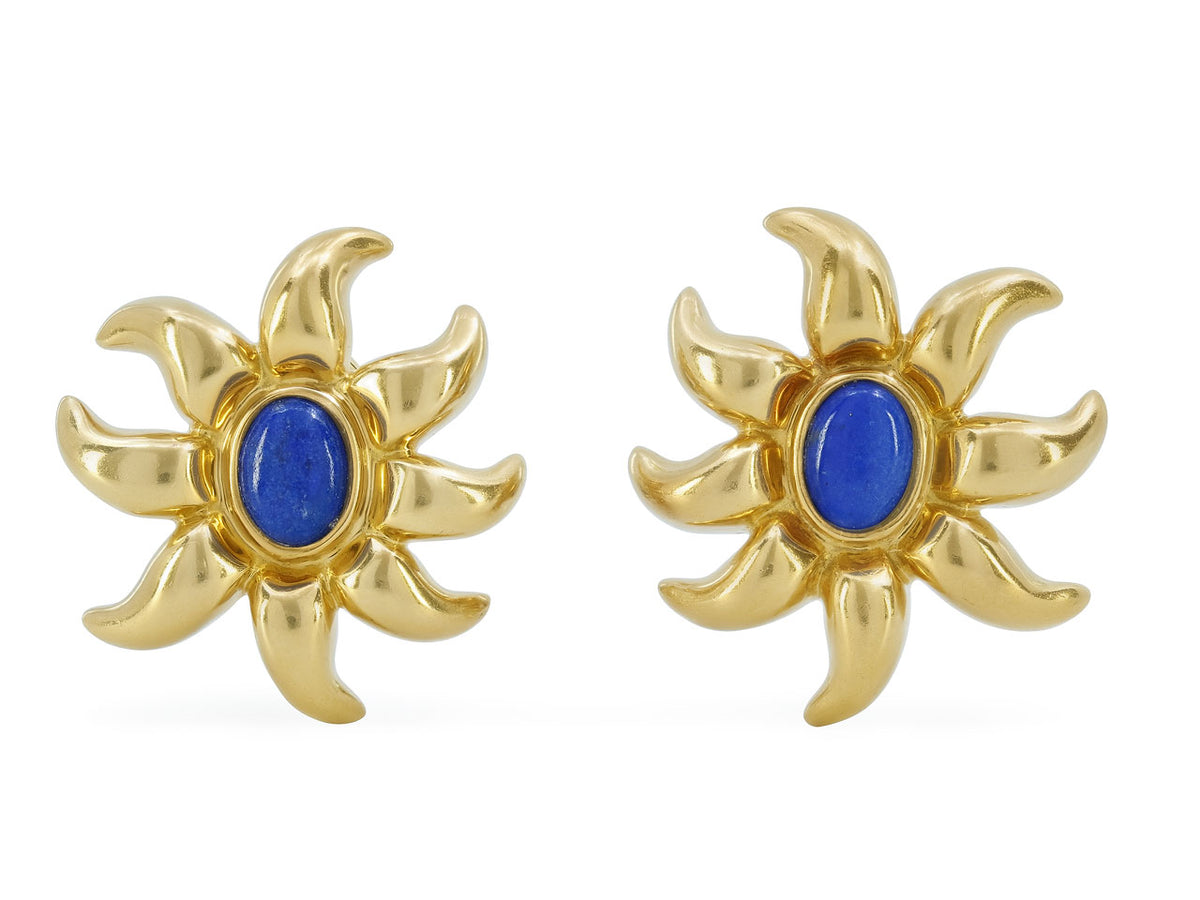 Lapis lazuli flower earrings with polished 18K gold petals