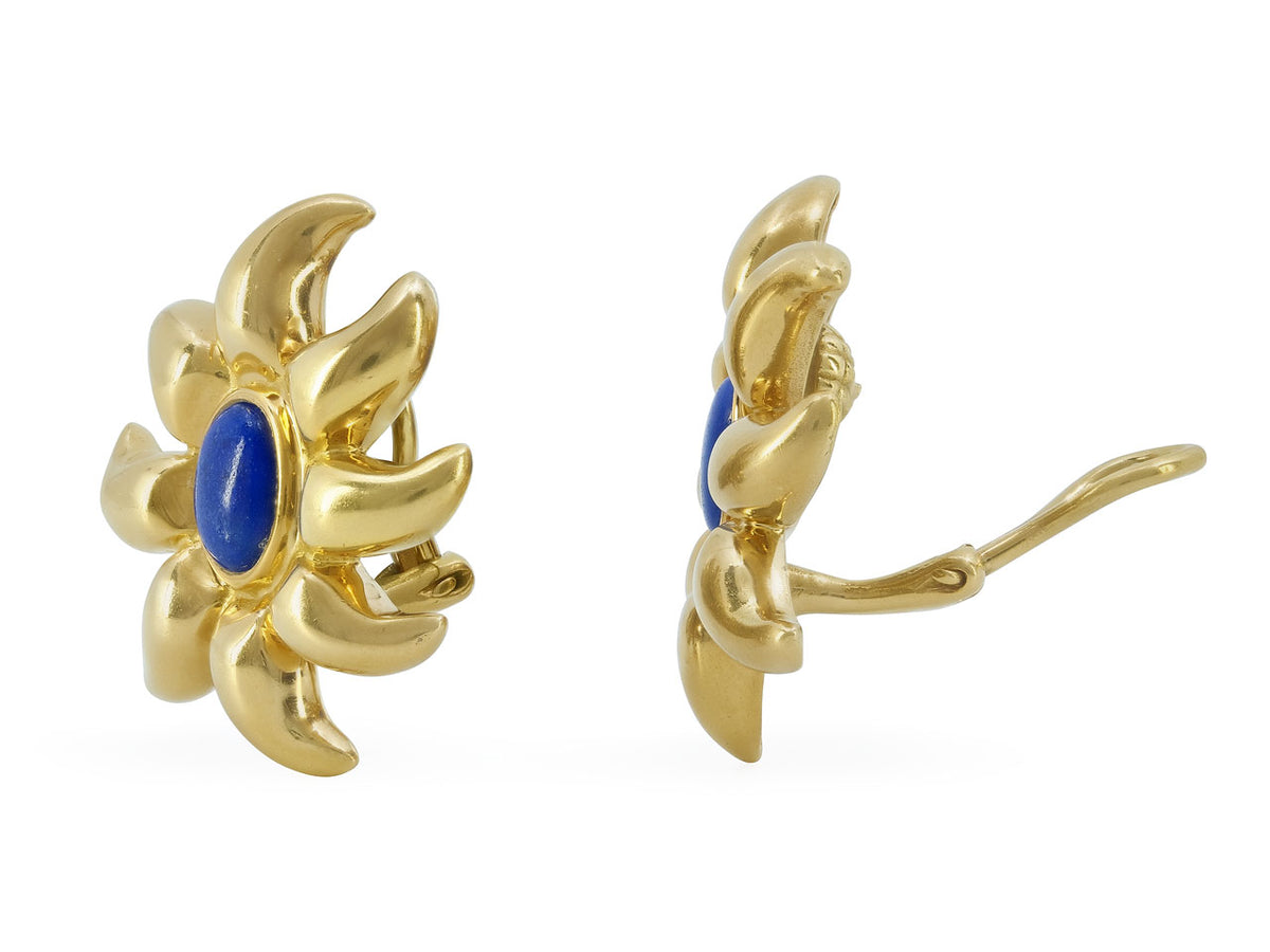 18K gold flower earrings with blue lapis lazuli centers