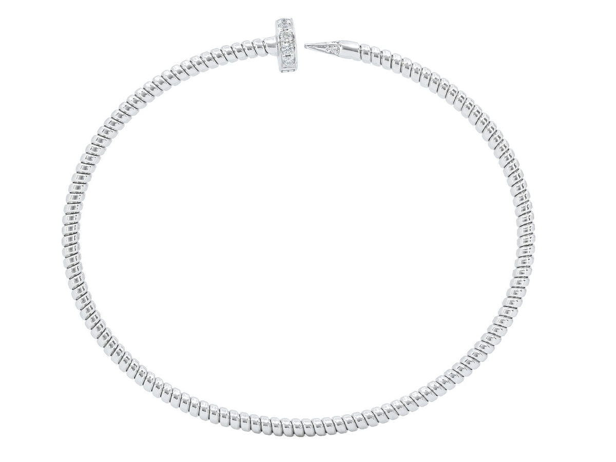 Slim 18K white gold tubogas nail bracelet with diamond accents