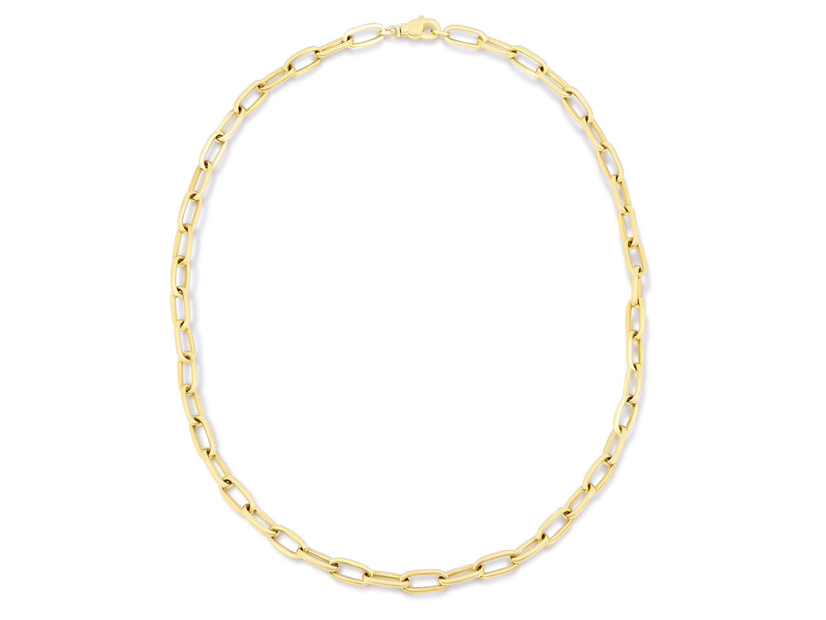High polish 18K gold oval link chain necklace on white background