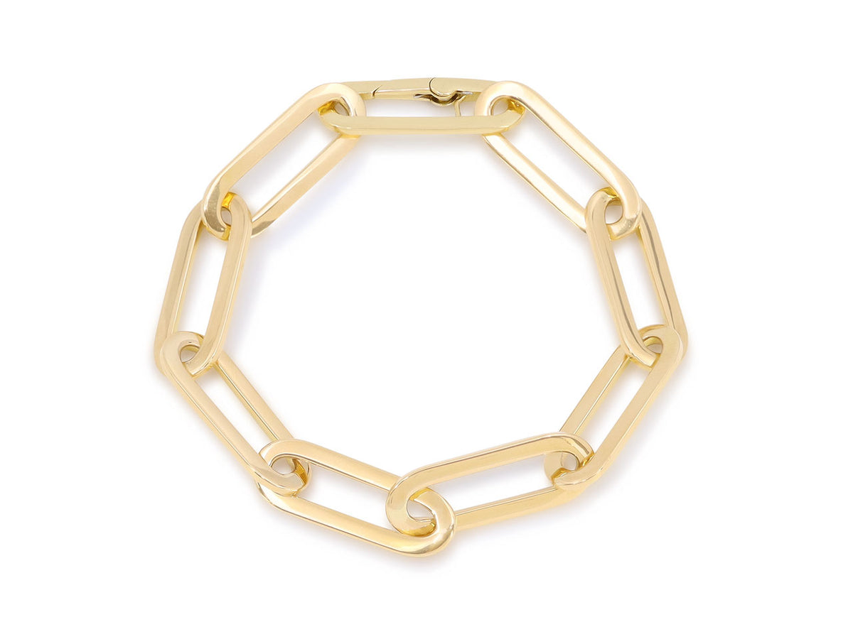 18K gold elongated link bracelet with hinged charm clasp
