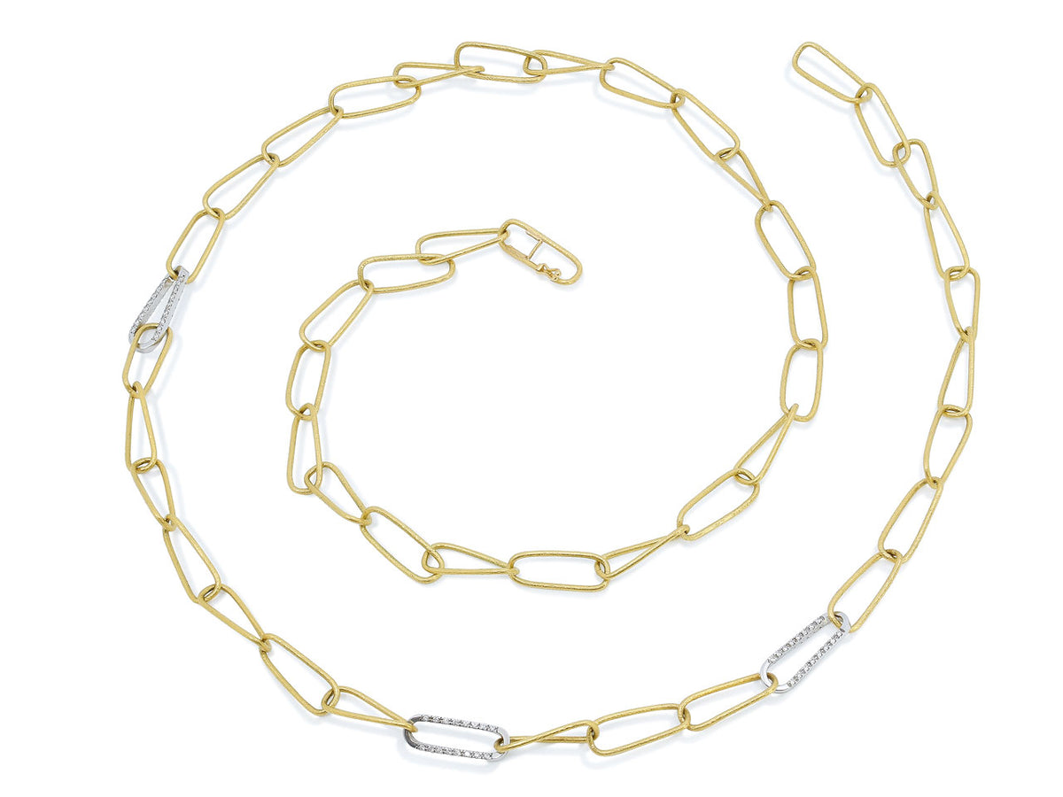 18K gold paper clip necklace with diamond accents