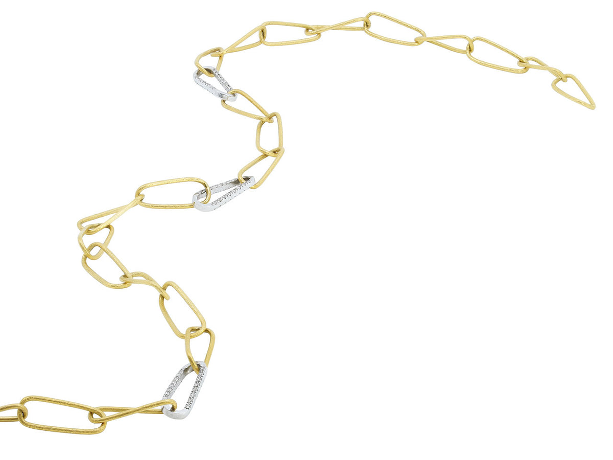 Textured gold link necklace with diamond set white gold links