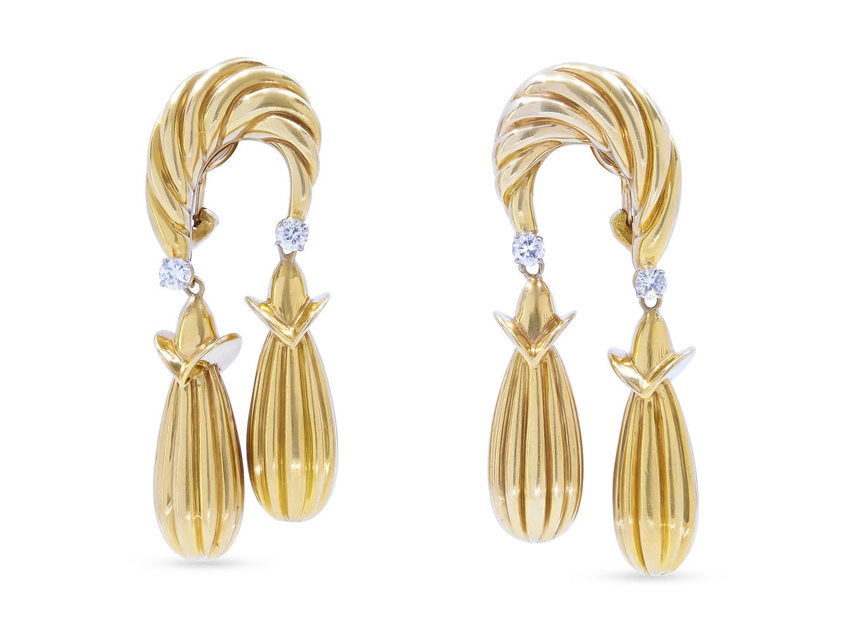 18K gold double drop earrings with diamond accents
