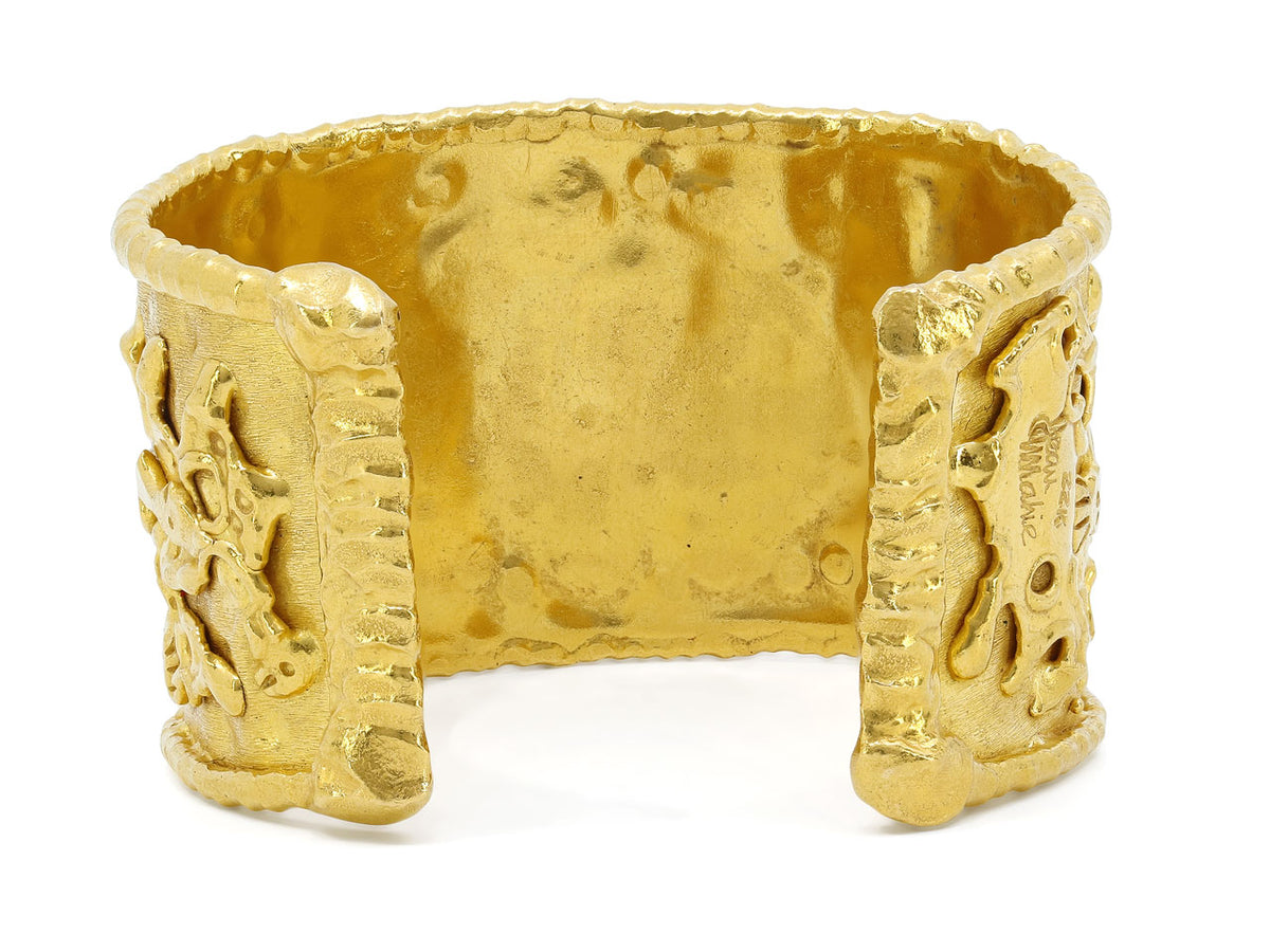 Wide textured 22K gold cuff bracelet with abstract figures