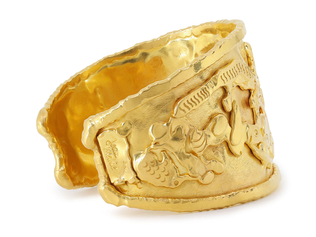 Wide textured 22K gold cuff bracelet with abstract figures