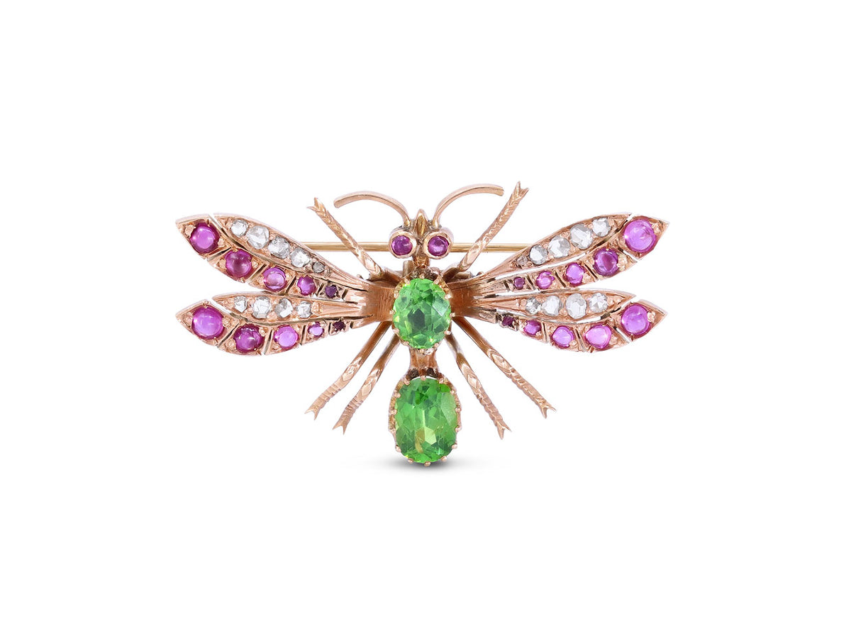 Victorian rose gold insect brooch with diamonds rubies and demantoid
