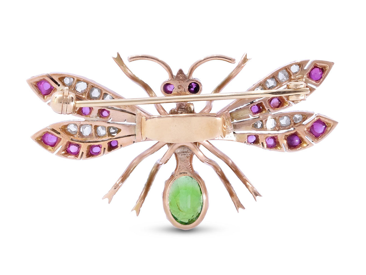 Rose gold insect brooch with diamond ruby and green gems