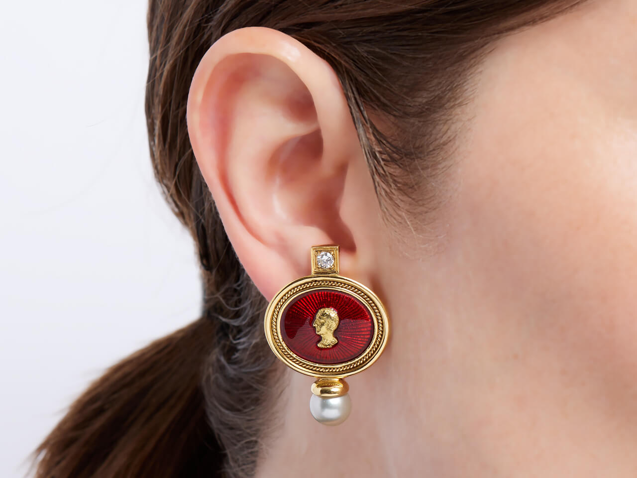 Elizabeth Gage Enamel, Diamond and Pearl Earrings in 18K Gold