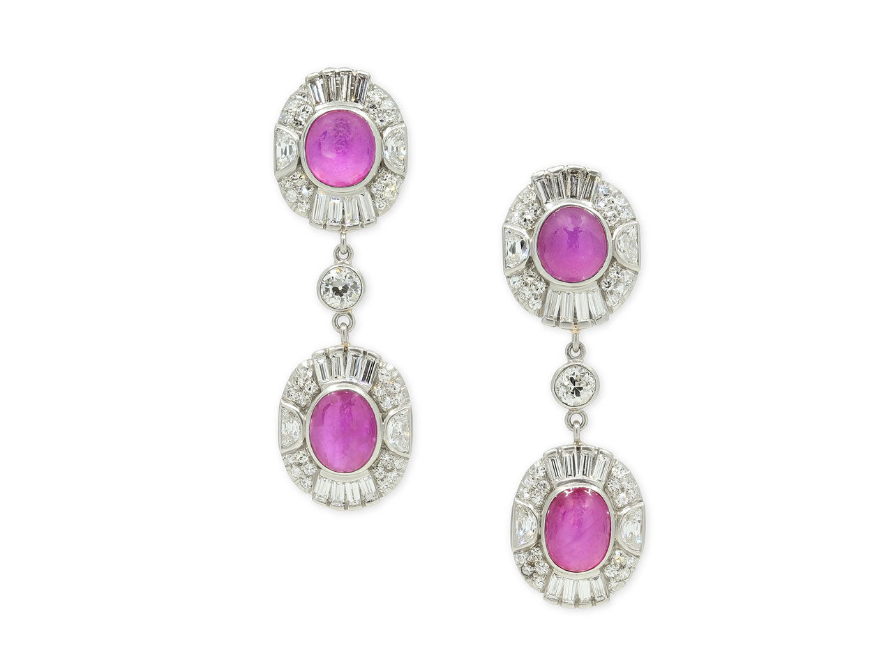 Beladora 'Reimagined' Art Deco Star Ruby and Diamond Earrings in Platinum, featuring pink cabochon rubies and diamond-set oval drop designs