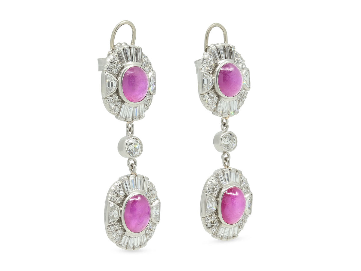 Art Deco platinum earrings with star rubies and diamonds