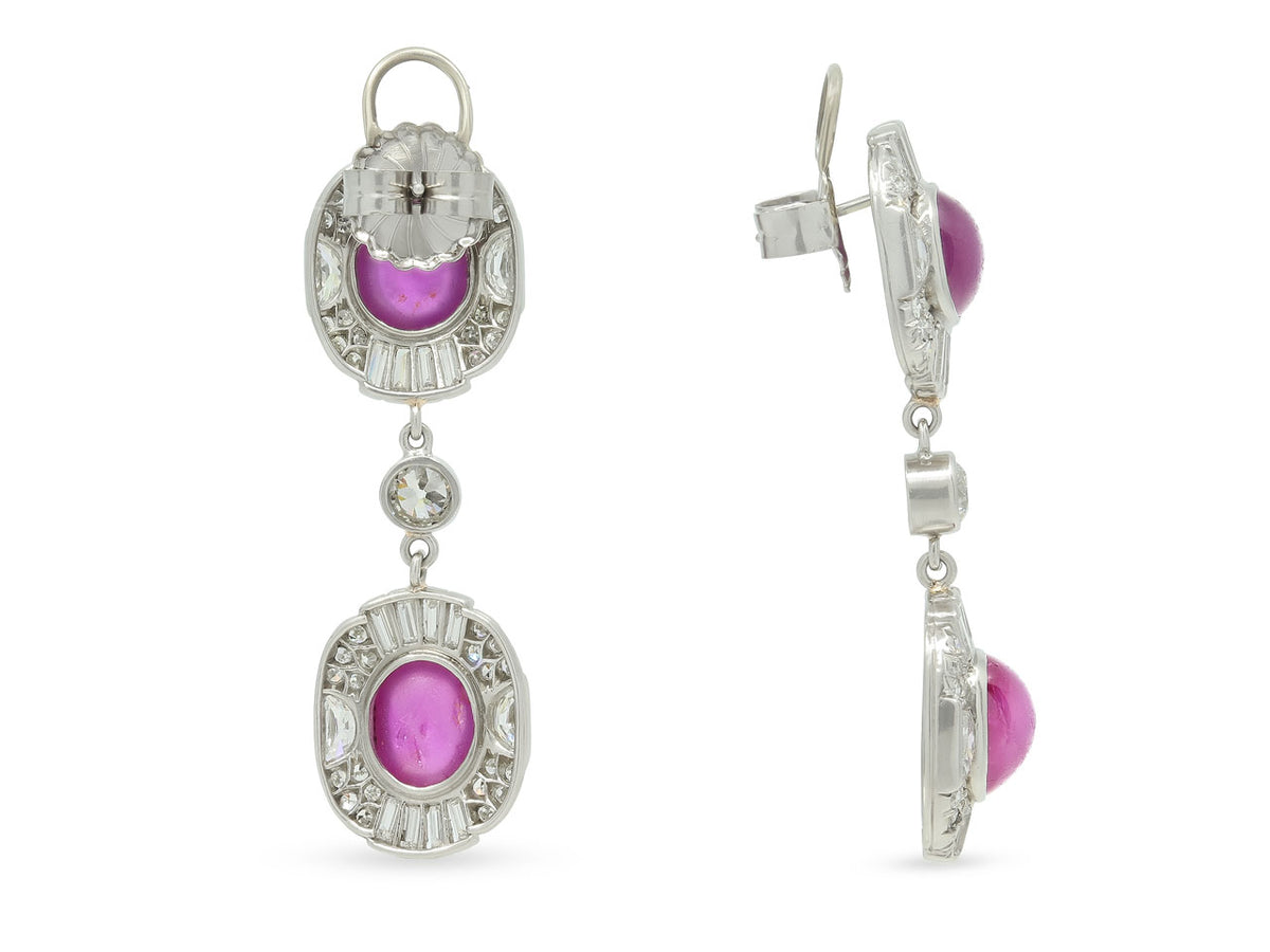 Art Deco platinum earrings with star ruby cabochons and diamond borders