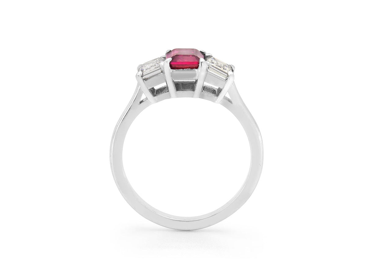 Side view of platinum ring with ruby and diamonds