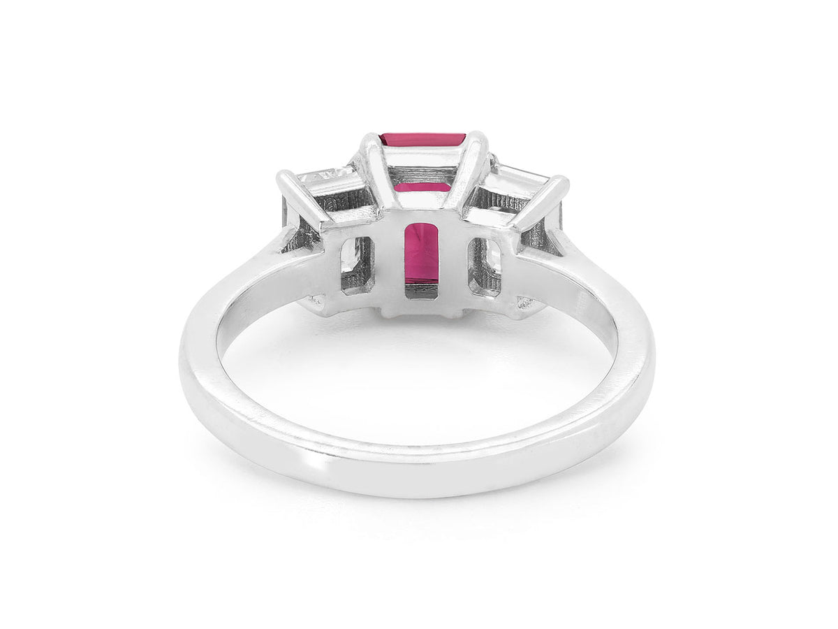 Back view of platinum three stone ruby and diamond ring