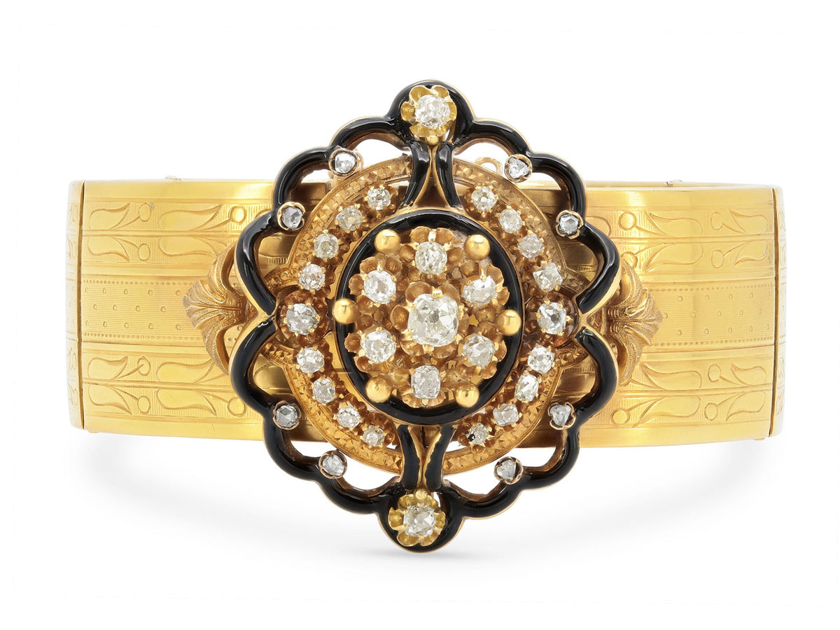 Antique gold bracelet with black enamel and diamonds