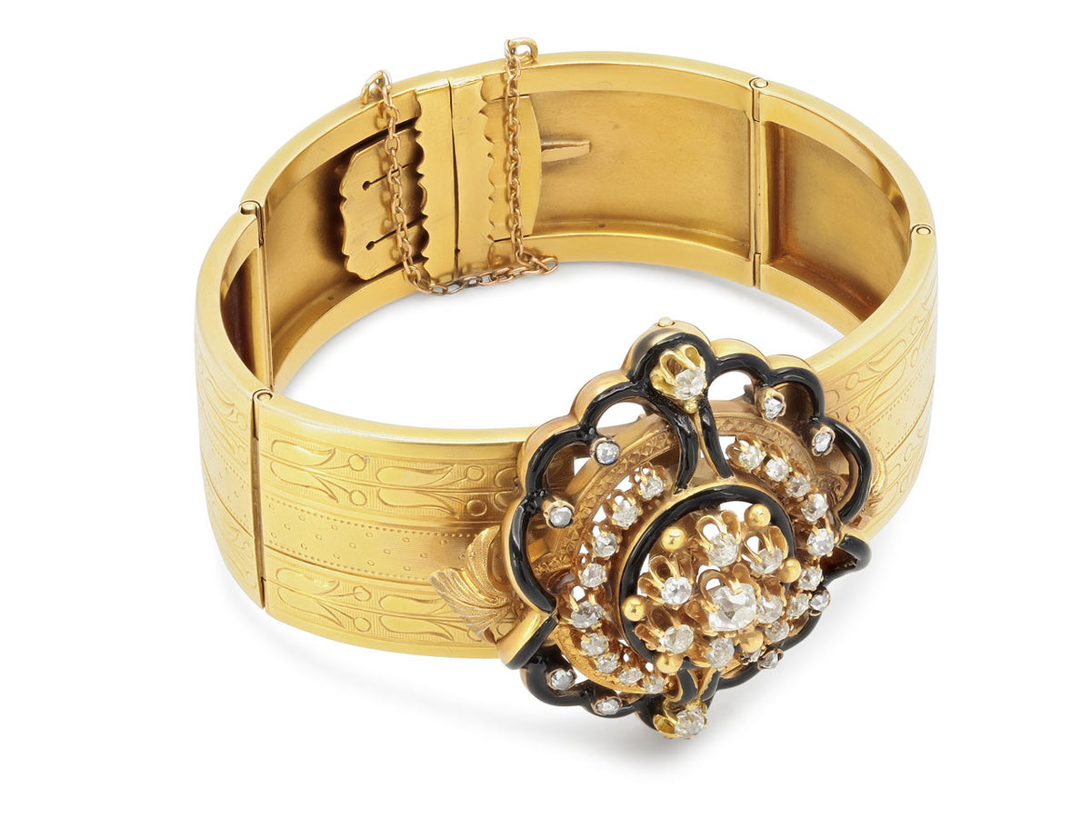 Antique Victorian gold bracelet with black enamel and diamonds