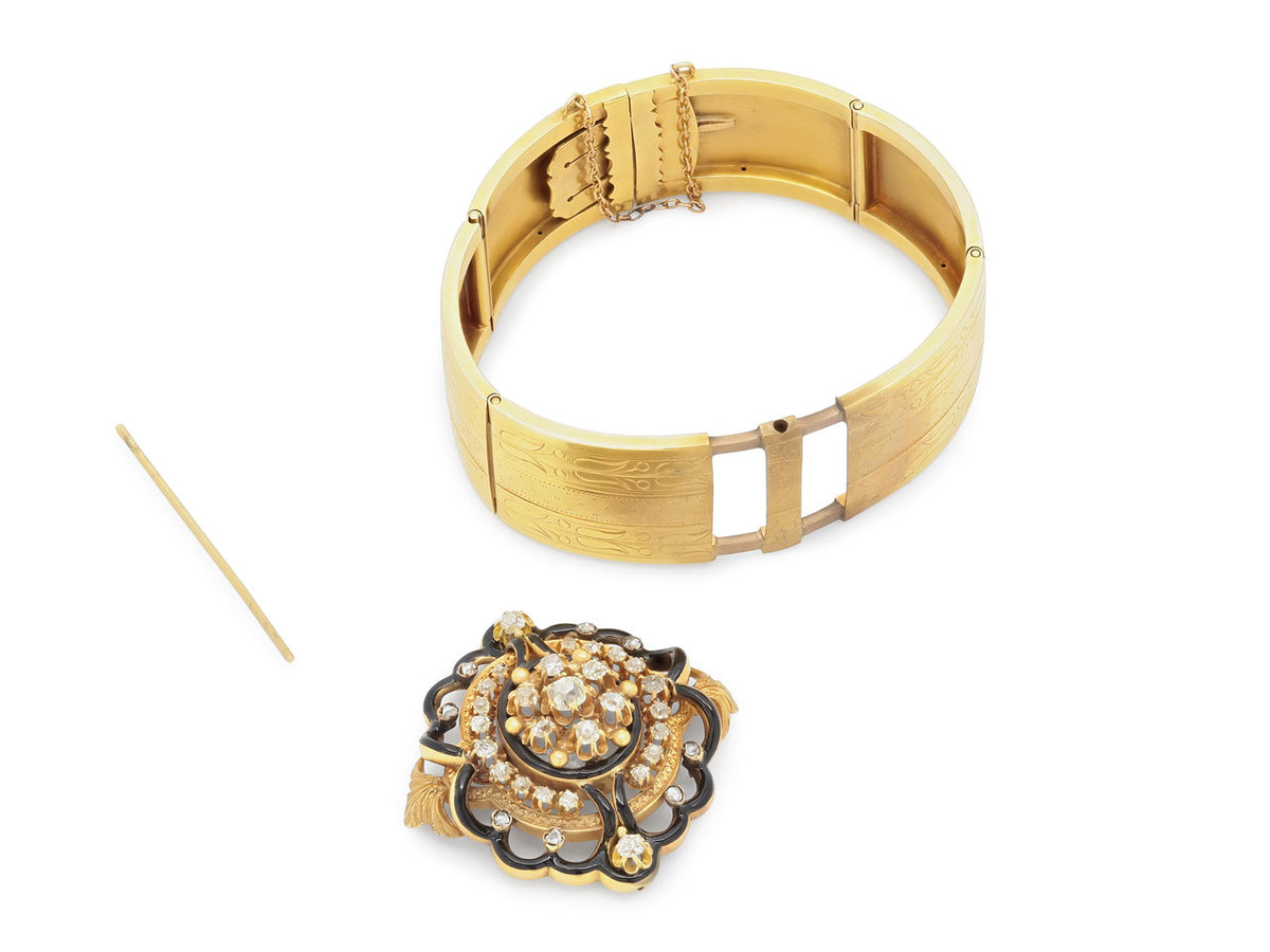 Antique gold hinged bangle with detachable diamond enamel top