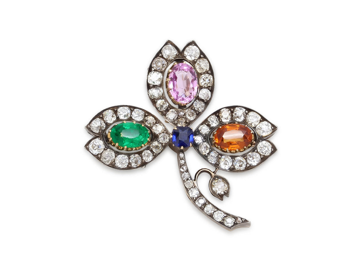 Victorian clover brooch with emerald pink and orange gemstones