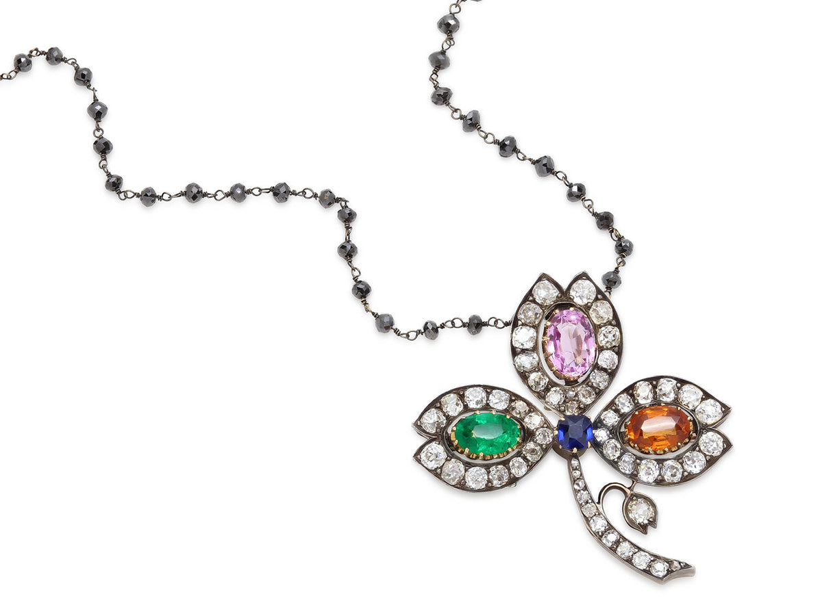 Victorian clover brooch necklace with colorful gemstones and diamonds