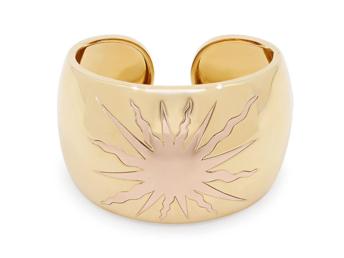 Polished 18 karat gold cuff bracelet with rose gold sun motif