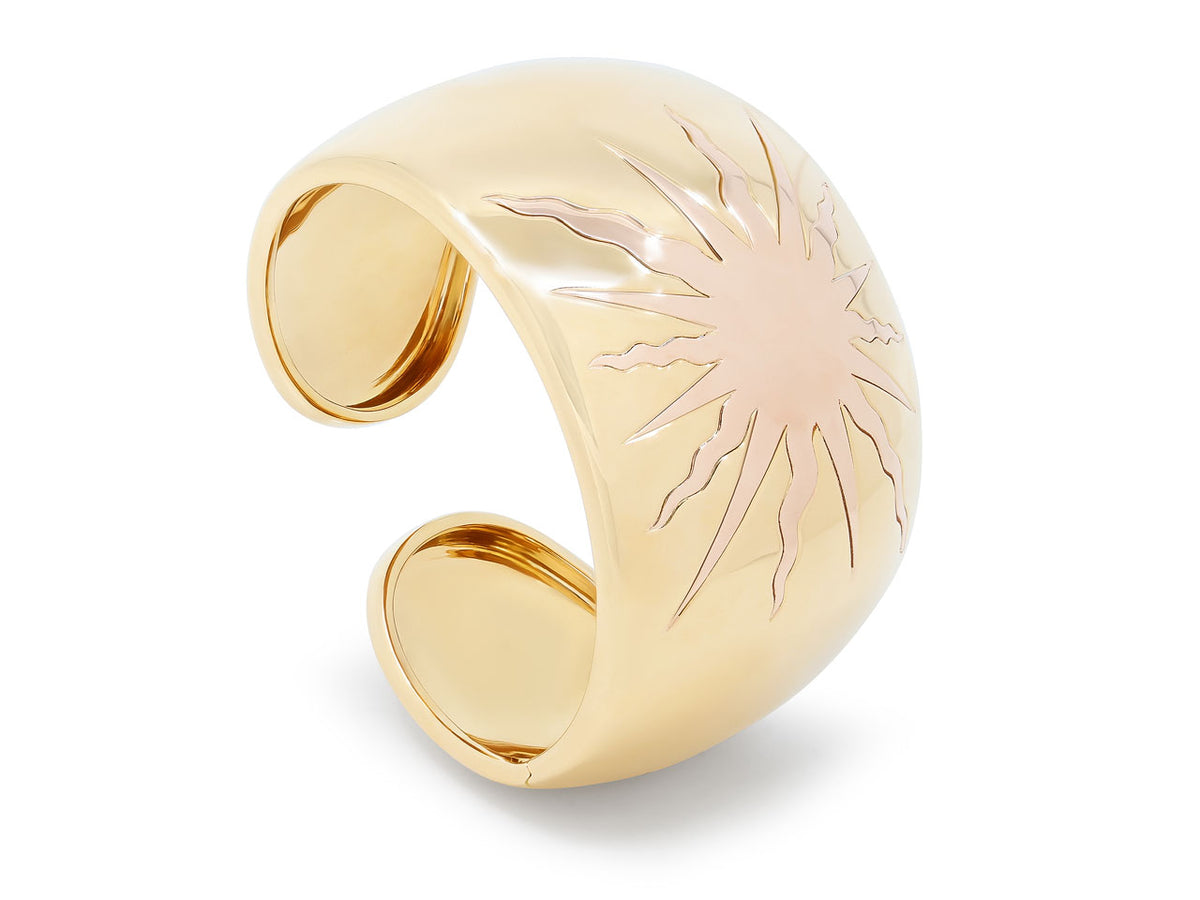 Domed 18K yellow gold cuff with rose gold sun motif