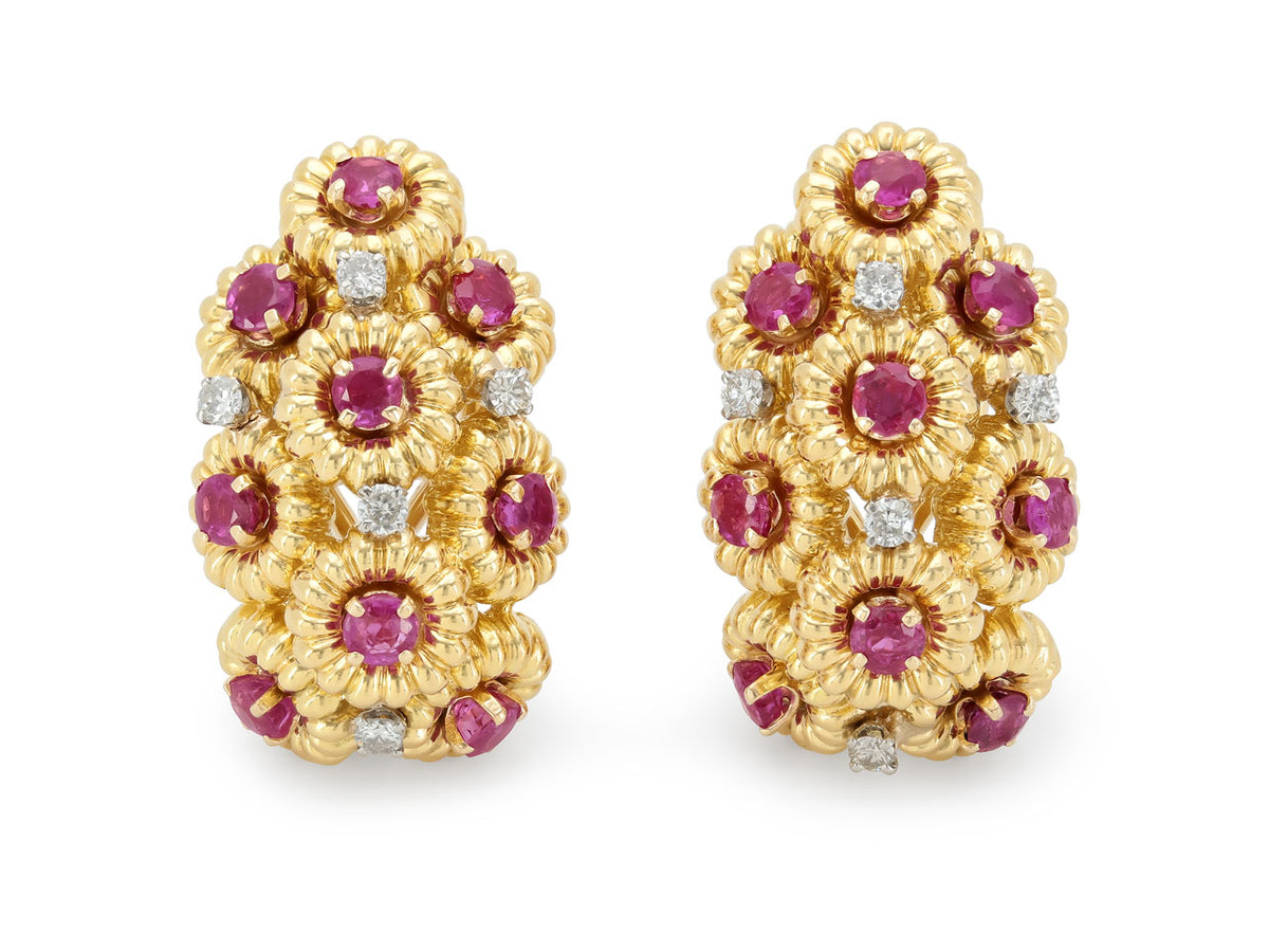 Ruby and diamond cluster earrings in 18K yellow gold