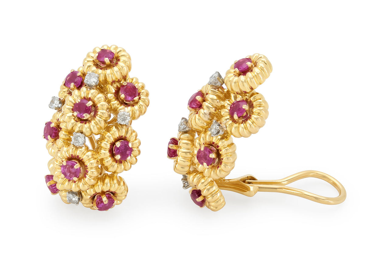 Ruby and diamond cluster earrings in 18k yellow gold