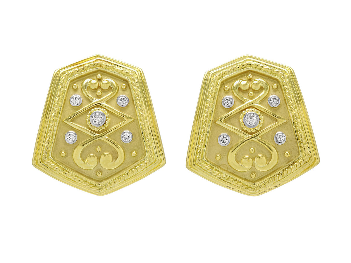 Pair of 18K gold shield earrings with five diamonds