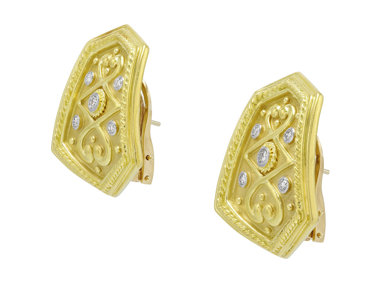 18K gold shield earrings with five diamond accents