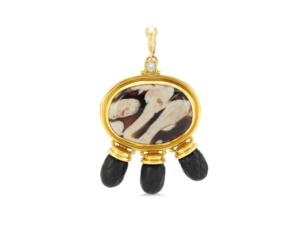 Gold oval jasper brooch pendant with ebony drops
