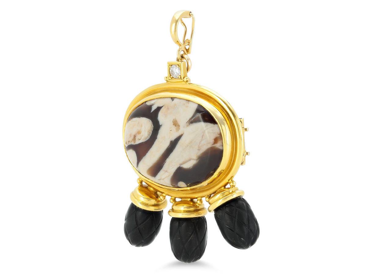 18K yellow gold jasper pendant brooch with diamond and three ebony drops