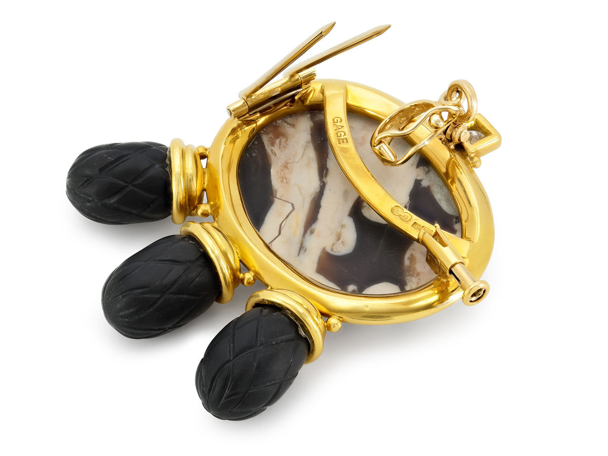 Gold jasper and ebony brooch with three drops