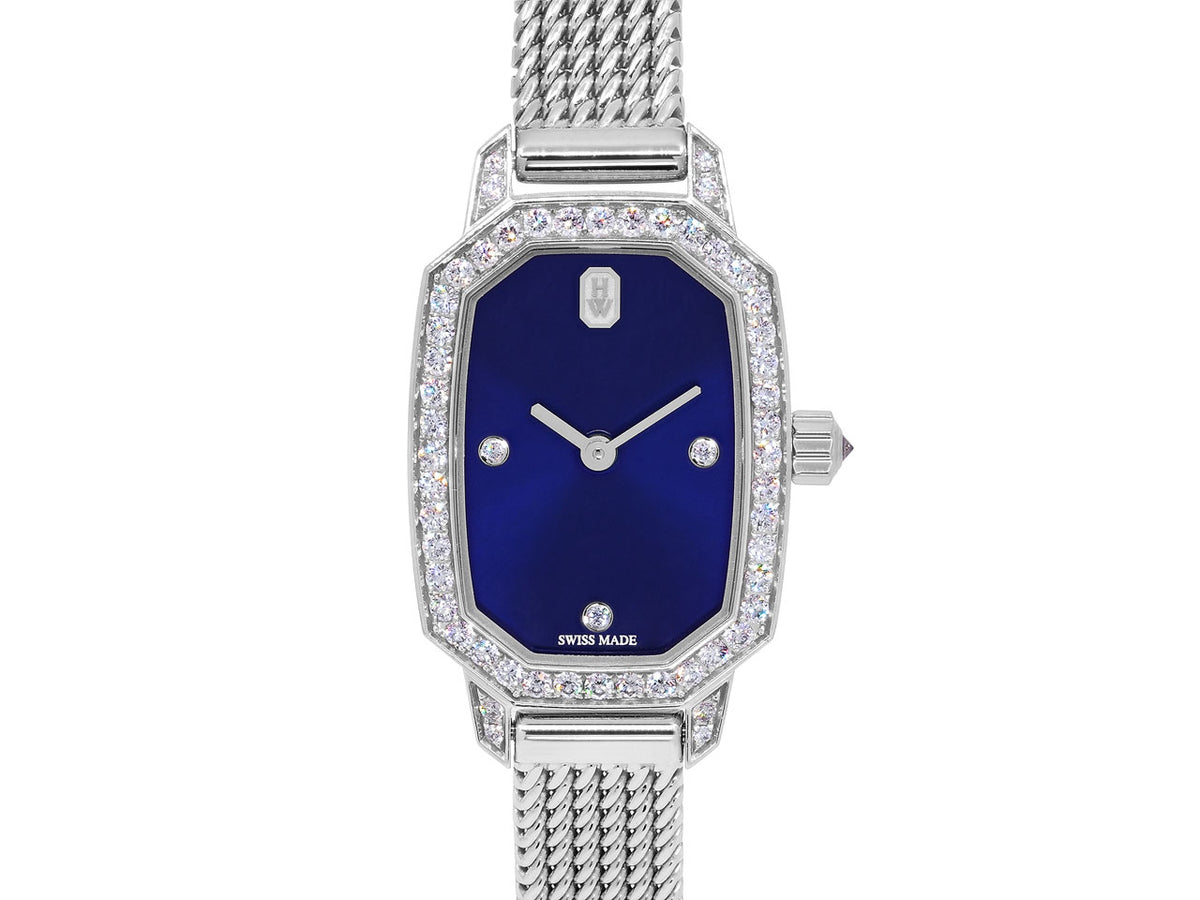 Harry Winston diamond watch with blue dial and mesh bracelet
