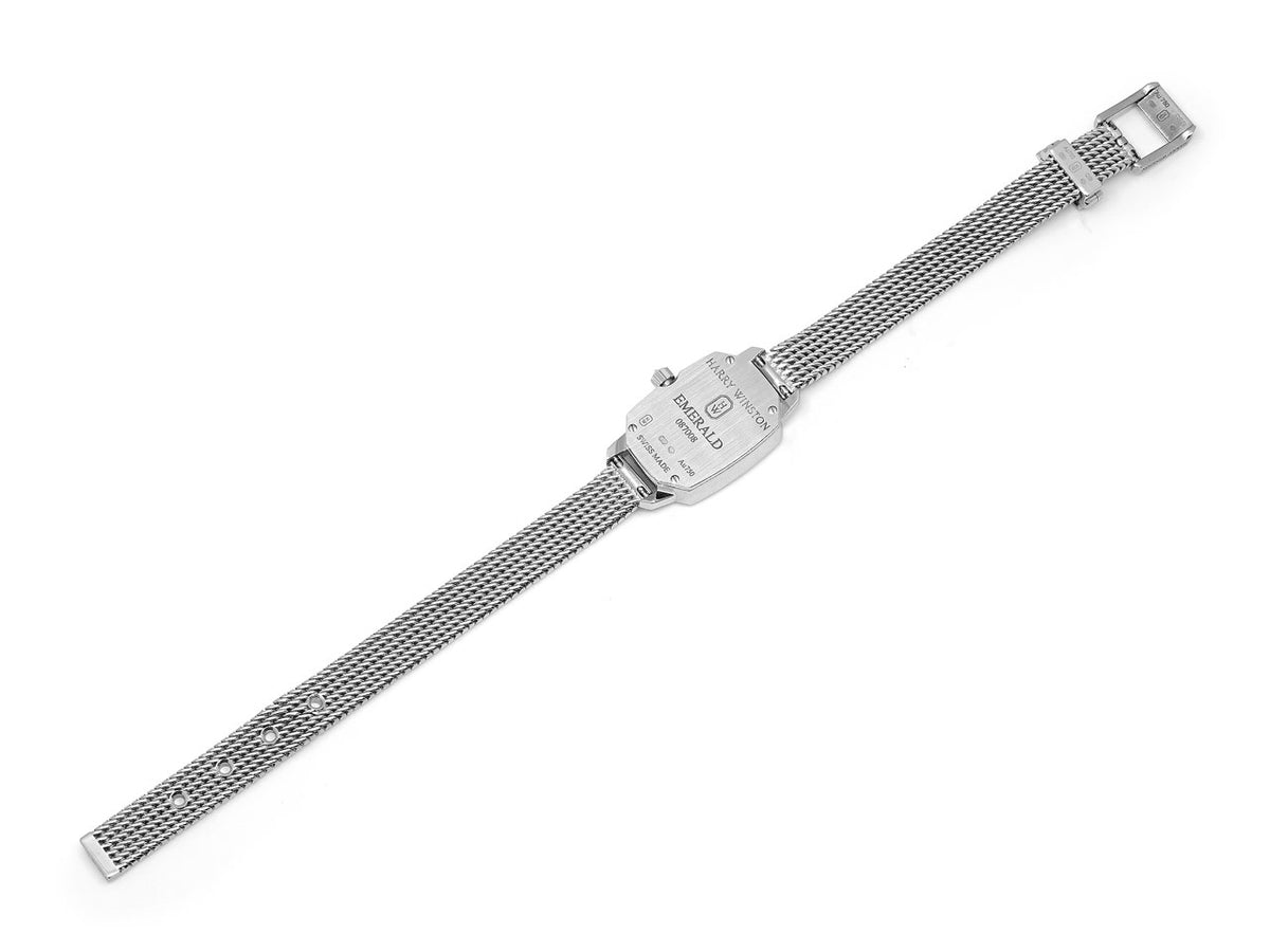 Back view of an 18K white gold watch with mesh bracelet