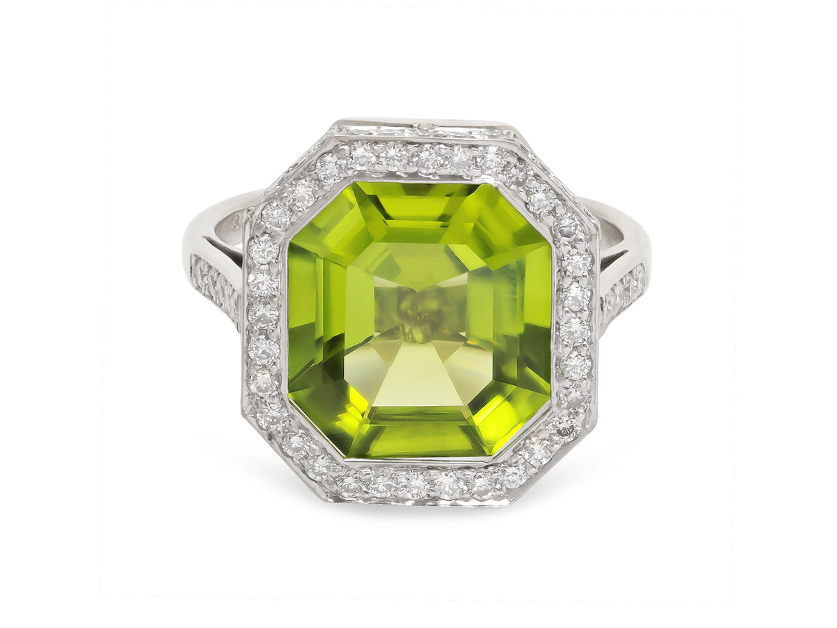 Square step cut peridot and diamond ring in white gold
