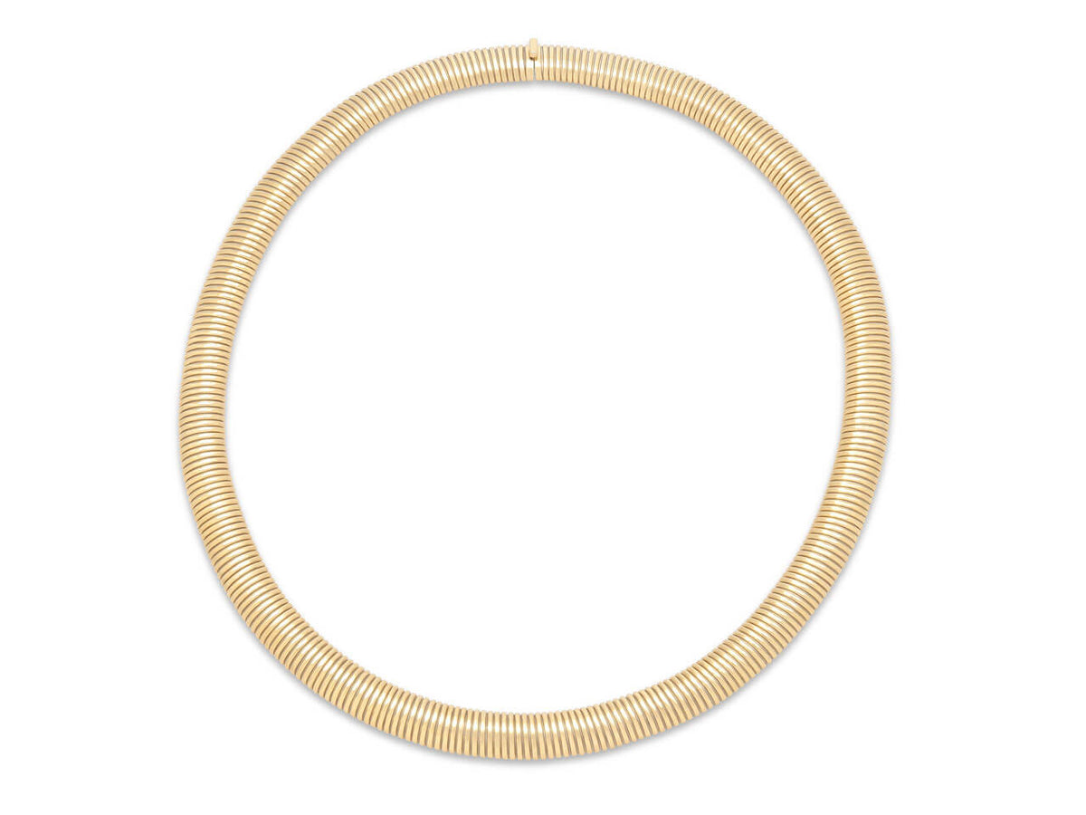 18K yellow gold tubogas necklace on white background