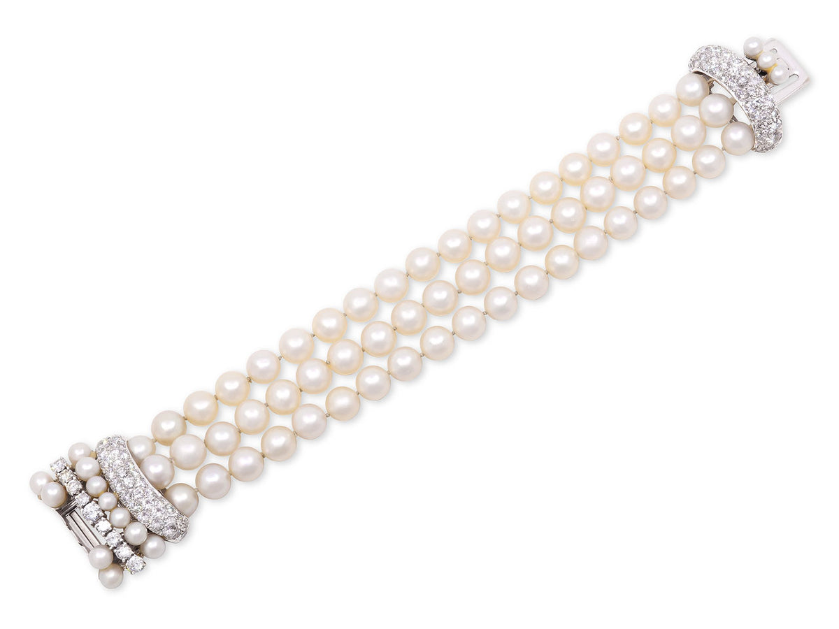 Three strand pearl bracelet with diamond pavé clasp in white gold