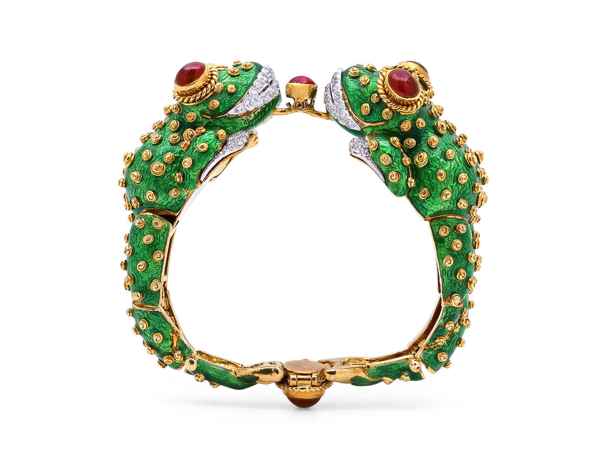 Green enamel frog bracelet with ruby eyes in gold
