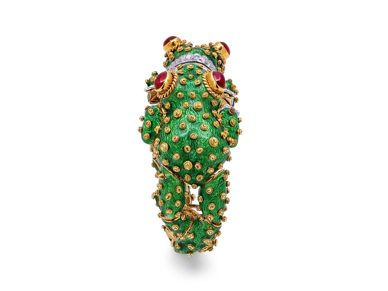 David Webb Ruby, Diamond and Enamel Frog Bracelet in 18K Gold and Platinum