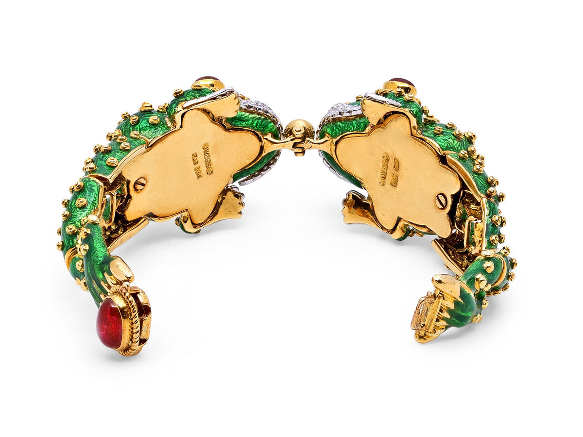 Green enamel frog bracelet with cabochon ruby accents