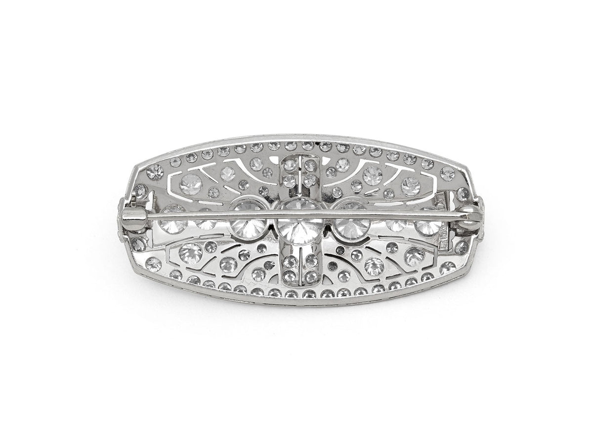 Reverse view of platinum diamond brooch with pin clasp