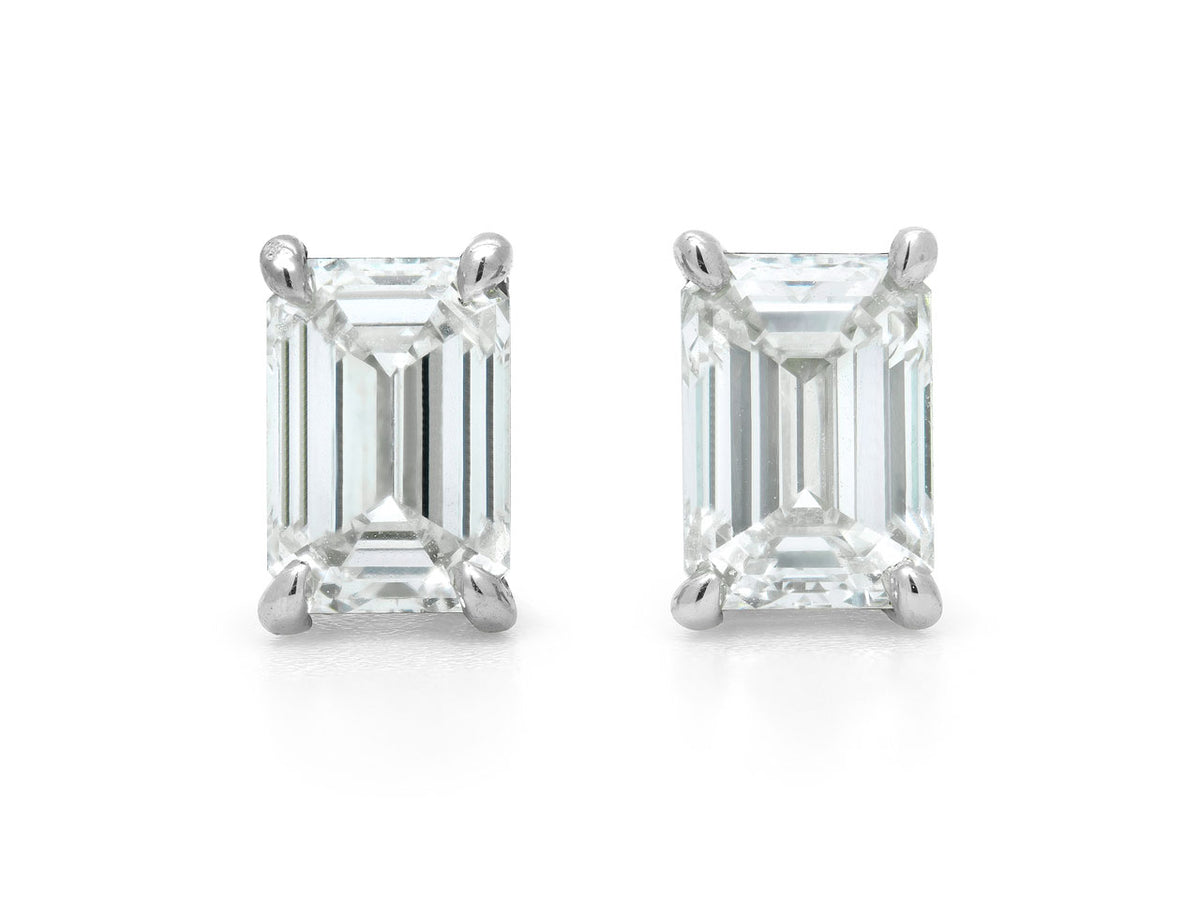Emerald cut diamond stud earrings in platinum